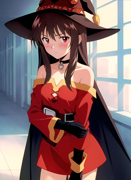 00348-471778445-evangelion anime style, anime screencap, 1990s__(style_), megumin, 1girl, bare shoulders, black cape, black gloves, black hair,.png